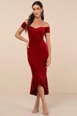How Much I Care Dark Teal Velvet Off-the-Shoulder Midi Dress