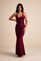 Renissa Burgundy Burnout Velvet Backless Mermaid Maxi Dress
