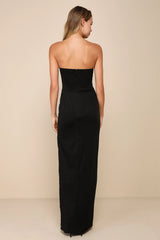 Elegant Mood Black 3D Floral Applique Strapless Maxi Dres
