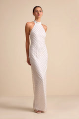 Novalea White Sequin Halter Maxi Dress
