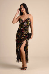 Shona Black Multi Velvet Jacquard Ruffled Maxi Dress