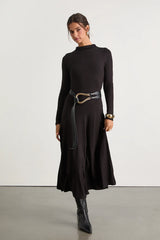 Corinne Cream Jersey Knit Mock Neck Midi Dress