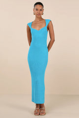 Chiara Turquoise Ribbed Knit Cap Sleeve Midi Dress