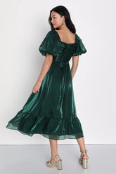 Remarkable Sensation Emerald Green Puff Sleeve Tiered Midi Dress