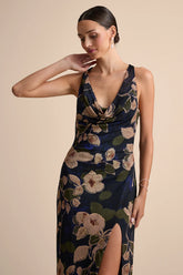 Kyra Navy Floral Mesh Cowl Neck Maxi Dress