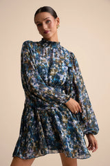 Andie Blue Multi Abstract Floral Mock Neck Mini Dress