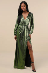 Extra Aesthetic Black Shiny Long Sleeve Surplice Maxi Dress