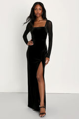 Certifiably Chic Black Velvet Mesh Long Sleeve Maxi Dress