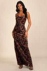 Romance in the Making Beige Floral Print Velvet Maxi Dress