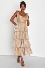 Radiant Arrival Shiny Pink Organza Tiered Tie-Strap Maxi Dress