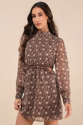 Autumn Bliss Brown Floral Print Long Sleeve Cutout Mini Dress