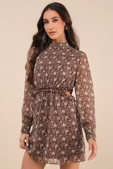 Autumn Bliss Brown Floral Print Long Sleeve Cutout Mini Dress