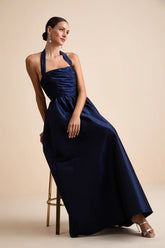 Rani Navy Taffeta Halter Maxi Dress