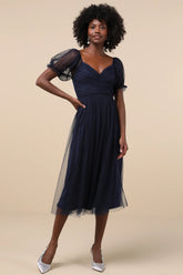 Glorious Chicness Navy Tulle Pleated Puff Sleeve Midi Dress