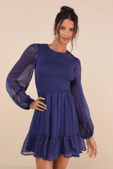 Simply the Sweetest Dark Blue Long Sleeve Smocked Mini Dress