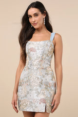 Captivating Personality Light Blue Jacquard Bustier Mini Dress