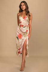 Remarkable Entrance Navy Blue Floral Print Satin Midi Dress