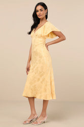 Effervescent Afternoon Green Satin Flutter Sleeve Midi Dress