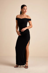 Scotia Black Mesh Ruched Off-the-Shoulder Maxi Dress