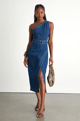 Avelina Medium Wash Denim One-Shoulder Belted Midi Dress