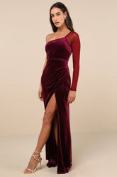 Lavish Style Dark Magenta Velvet Mesh One-Shoulder Maxi Dress
