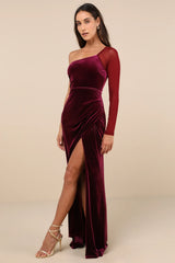 Lavish Style Dark Magenta Velvet Mesh One-Shoulder Maxi Dress