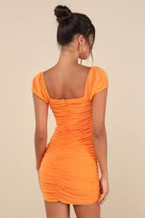 Sensational Instincts Orange Mesh Ruched Bodycon Mini Dress