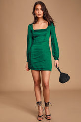 Got The Love Emerald Green Satin Square-Neck Mini Dress