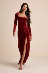Lovely and Luminous Rust Velvet Long Sleeve Column Maxi Dress