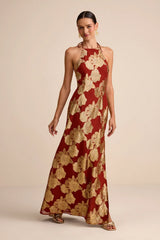 Brinley Rust and Gold Floral Jacquard Halter Maxi Dress