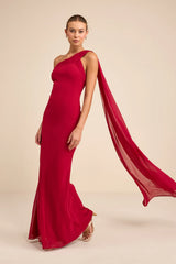 Carmenza Red One-Shoulder Sash Maxi Dress