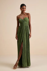 Oswin Navy Satin Plisse Strapless Maxi Dress