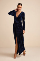 Angelina Navy Velvet Twist-Front Maxi Dress