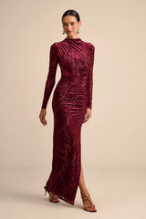Neilina Black Velvet Jacquard Mock Neck Maxi Dress