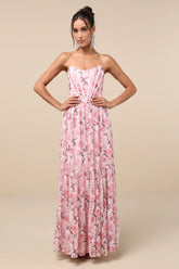Special Moment Light Blue Floral Strapless Bustier Maxi Dress