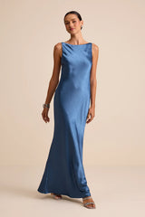 Janita Olive Satin Sleeveless Cowl Back Maxi Dress