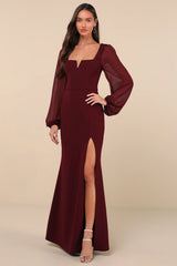 Composed Elegance Black Balloon Sleeve Mermaid Maxi Dress