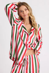 Classic White Multi Jolly Stripes Satin Two-Piece Pajama Set