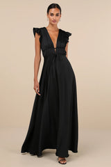 I'm All Yours Black Satin Cutout Ruffled Maxi Dress