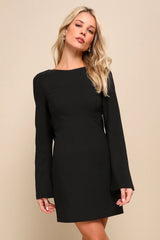Elegant Cutie Emerald Bow Long Sleeve Backless Mini Dress