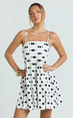 Sia Mini Dress - Sleeveless Straight Neck A Line Dress in White with Black spot