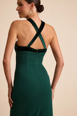 Bisian Green Velvet Bow Backless Apron Maxi Dress