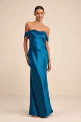 Alaida Wine Red Satin Off-the-Shoulder Maxi Dress