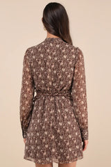 Autumn Bliss Brown Floral Print Long Sleeve Cutout Mini Dress