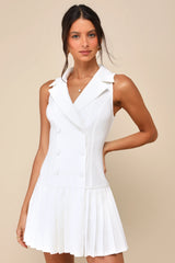 Posh Vision Navy Sleeveless Blazer Pleated Mini Dress