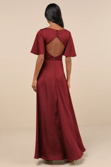 Elegant Confidence Navy Satin Flutter Sleeve Cutout Maxi Dress