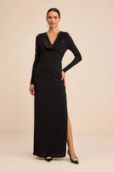 Rhodria Black Rhinestone Cowl Long Sleeve Maxi Dress