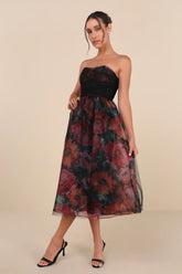 Splendidly Yours Black Floral Organza Mesh Strapless Midi Dress