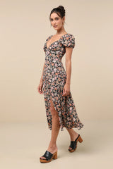 Meadow Muse Green Floral Tie-Back Puff Sleeve Midi Dress