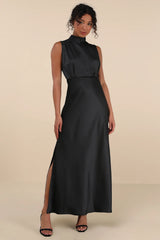 Classic Elegance Blush Satin Sleeveless Mock Neck Maxi Dress